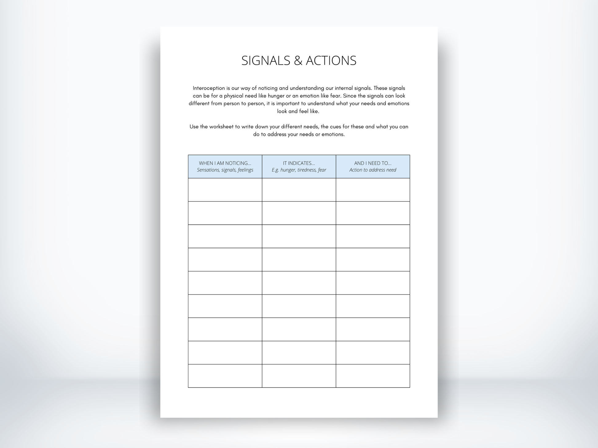 Interoception Signals and Actions Worksheet PDF