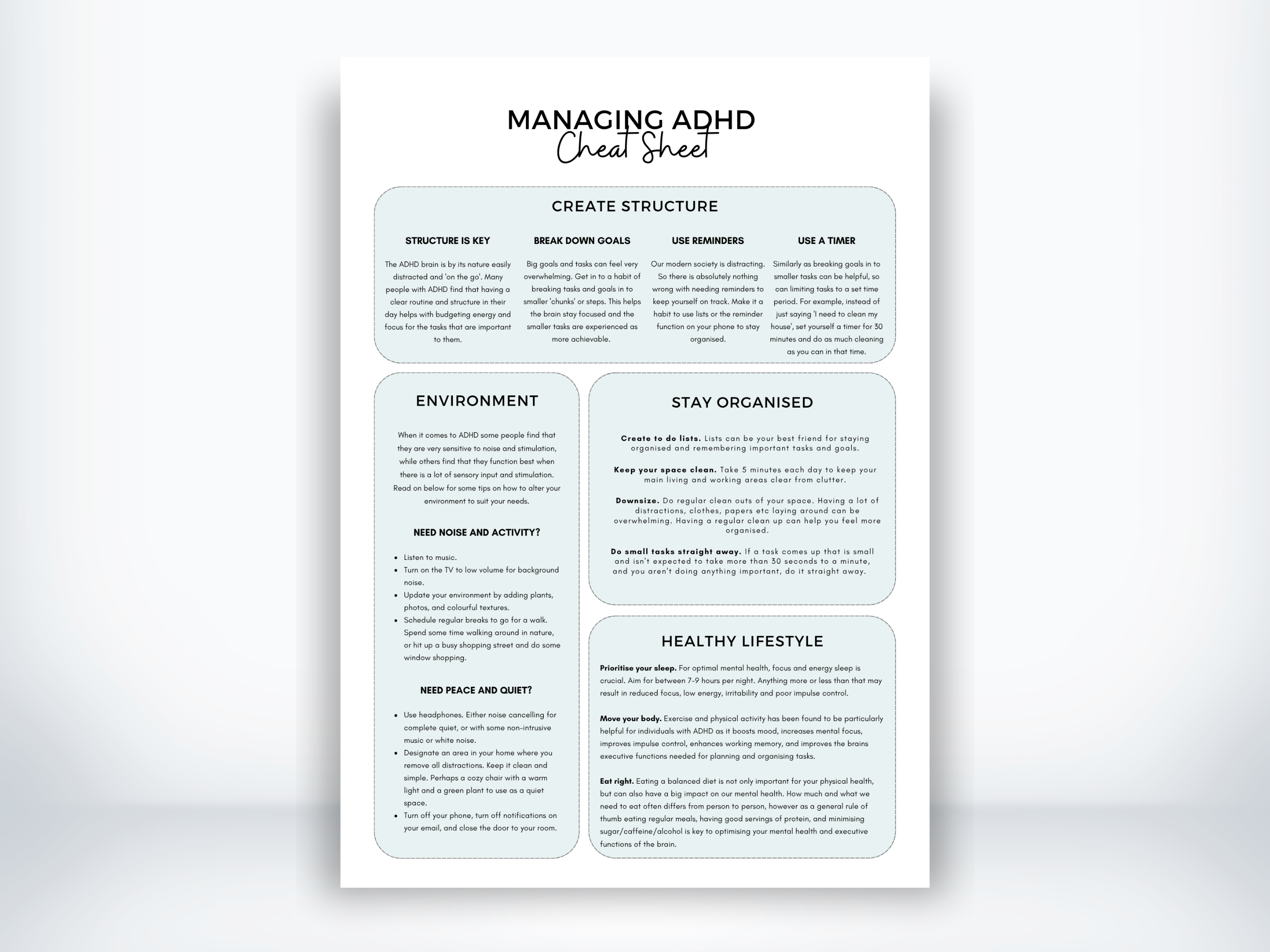Managing ADHD Cheat Sheet Worksheet (PDF) | My Thriving Mind