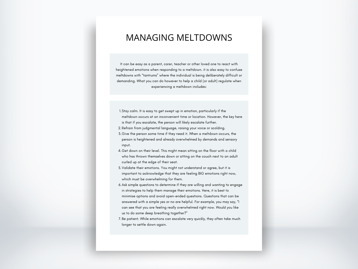 Managing Meltdowns Worksheet PDF