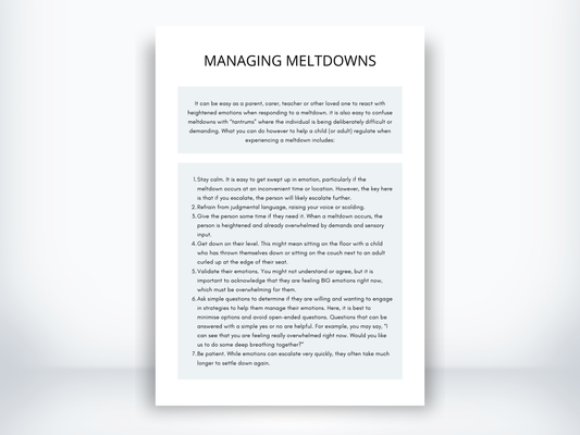 Managing Meltdowns Worksheet PDF