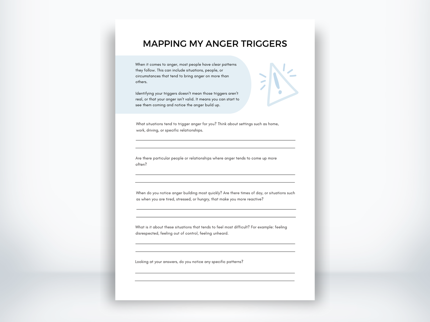 My Anger Triggers worksheet with reflective prompts about anger-triggering situations, people, and patterns.