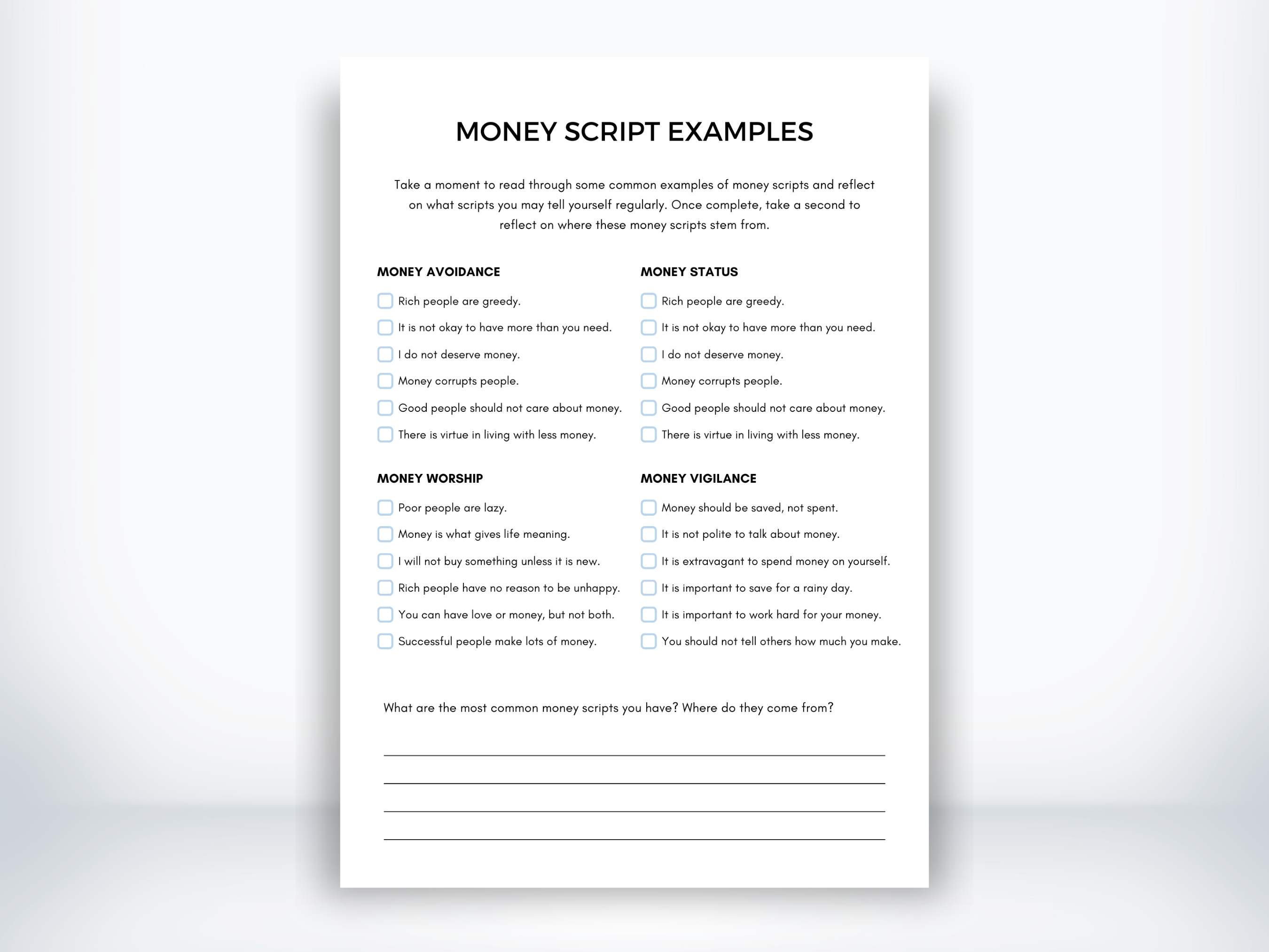 Money Scripts Examples Worksheet (PDF) | My Thriving Mind