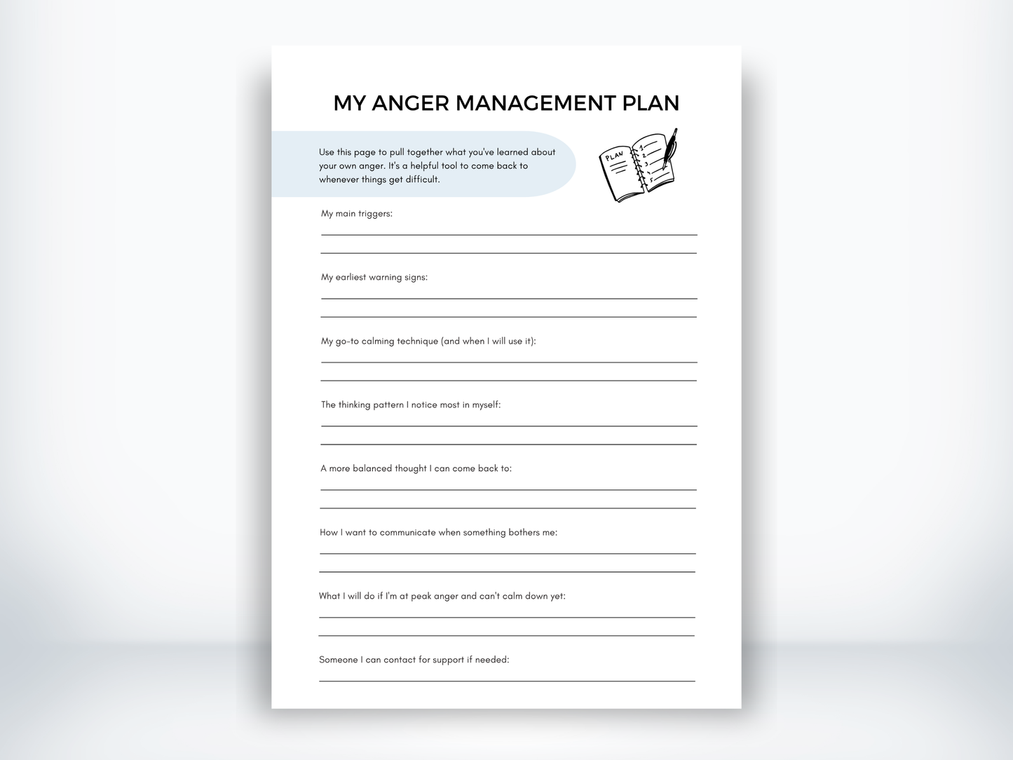 My Anger Management Plan worksheet with prompts for triggers, warning signs, calming techniques, and support contacts.