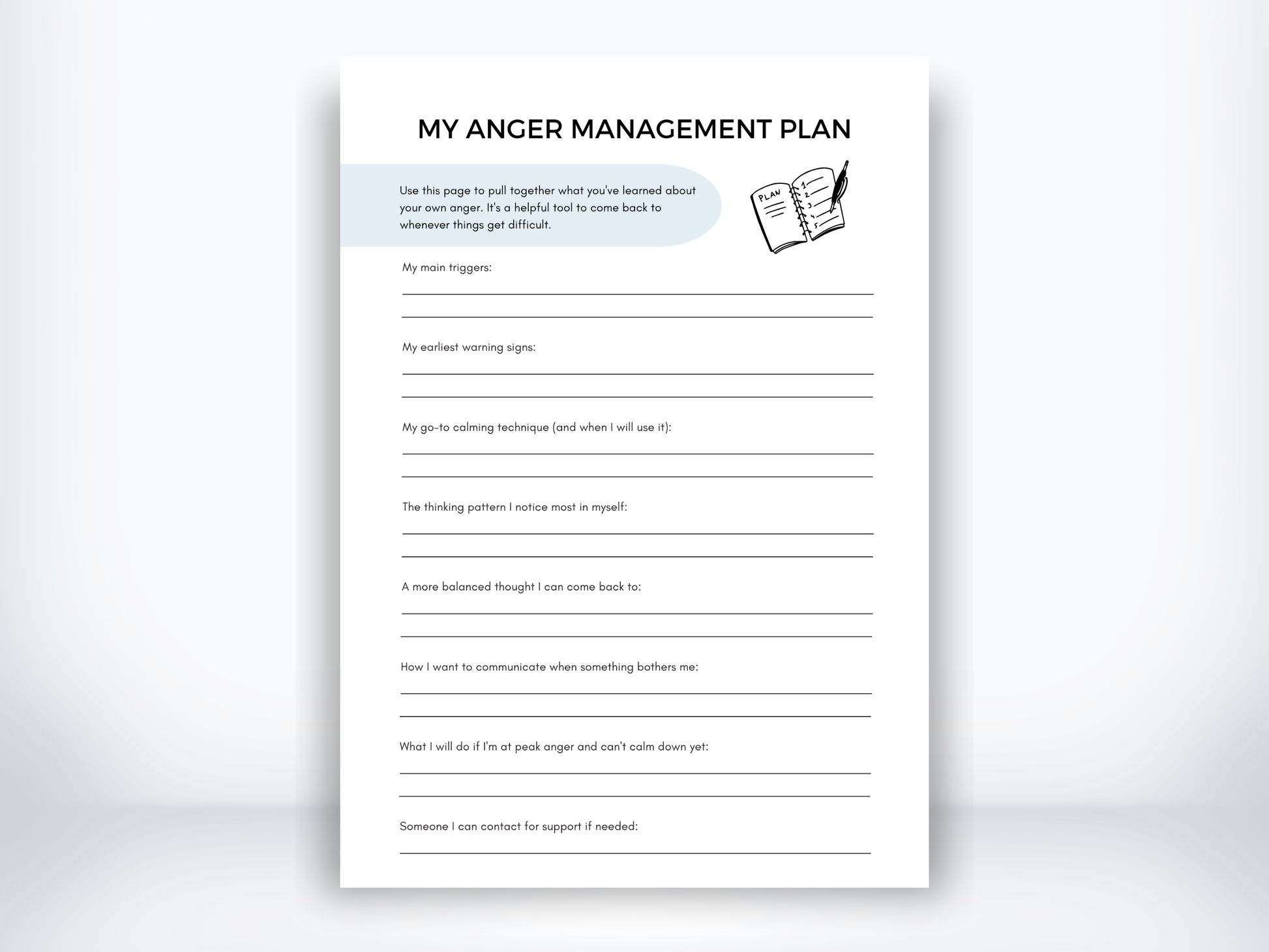 My Anger Management Plan worksheet with prompts for triggers, warning signs, calming techniques, and support contacts.