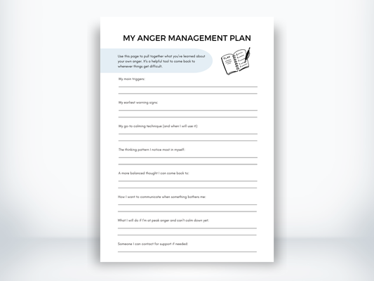 My Anger Management Plan worksheet with prompts for triggers, warning signs, calming techniques, and support contacts.