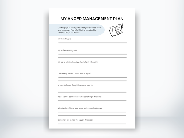 My Anger Management Plan worksheet with prompts for triggers, warning signs, calming techniques, and support contacts.