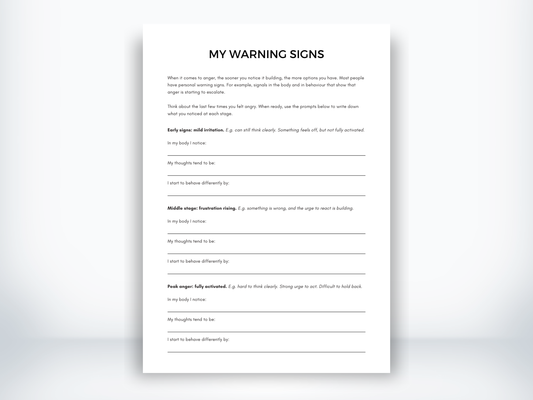 My Anger Warning Signs worksheet with body, thought, and behaviour prompts across early, middle, and peak anger stages.