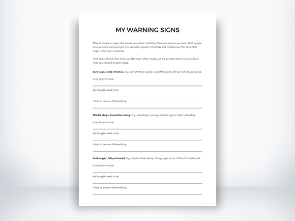 My Anger Warning Signs worksheet with body, thought, and behaviour prompts across early, middle, and peak anger stages.