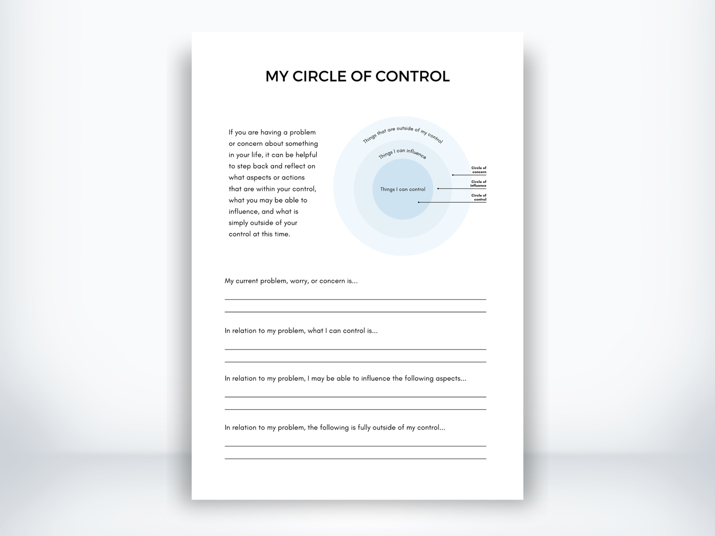 My Circle Of Control Worksheet PDF