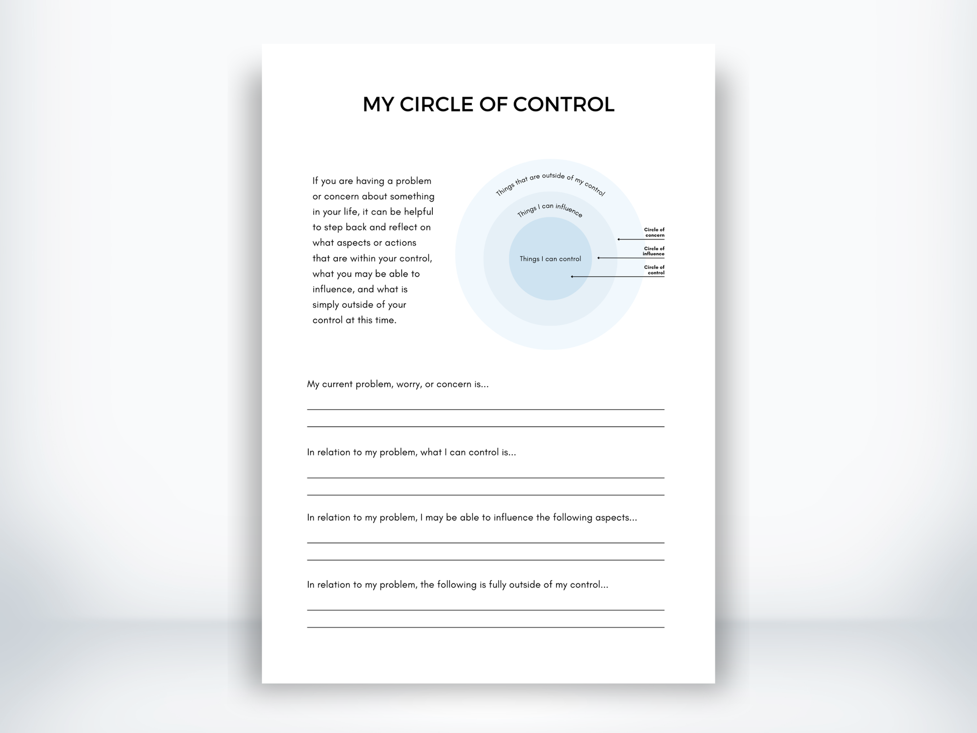 My Circle Of Control Worksheet PDF