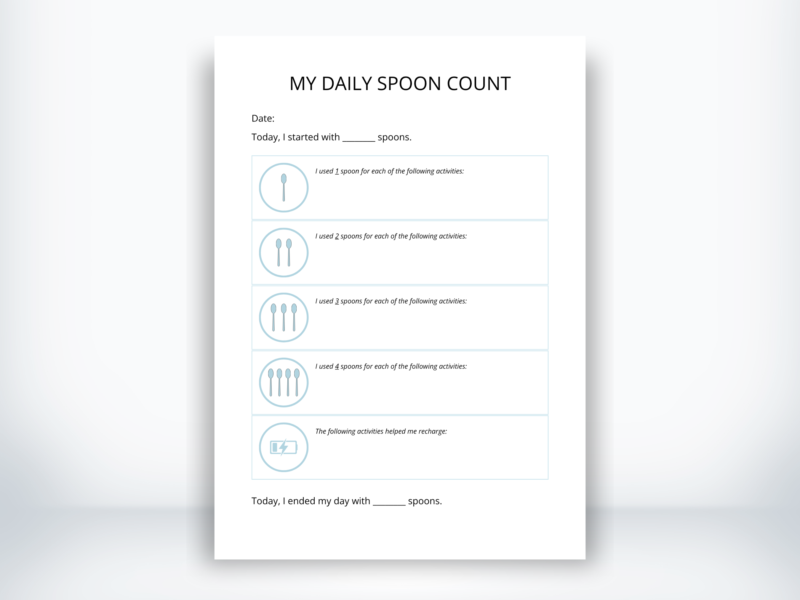 Daily Spoons Worksheet My Daily Spoon Count Worksheet (PDF) | My Thriving Mind