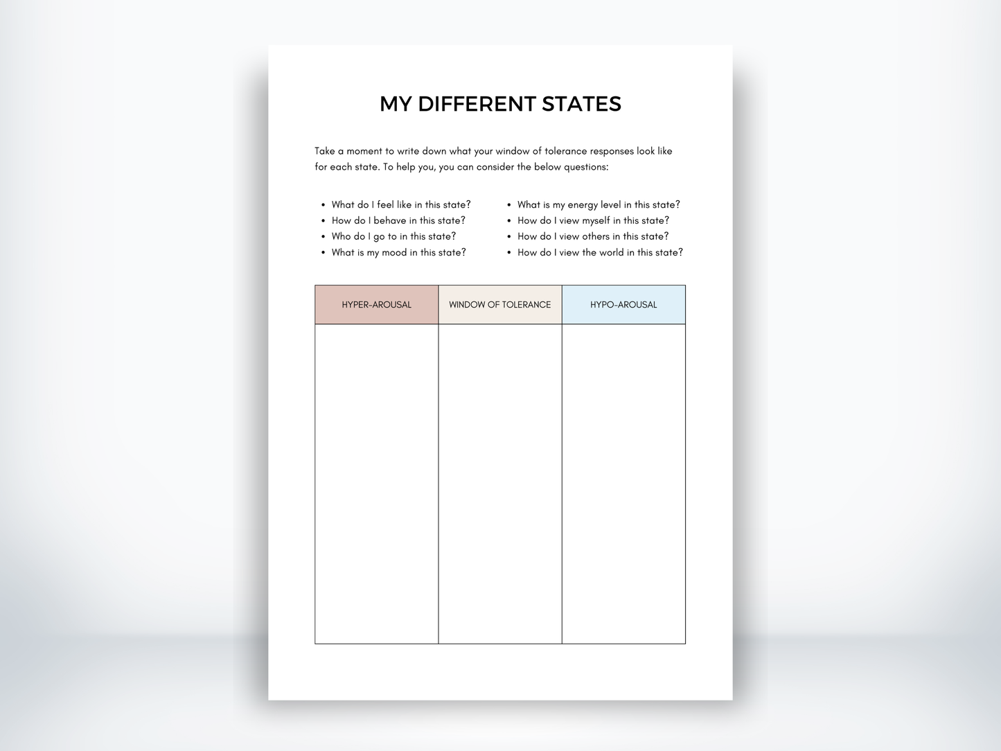 My Different States - Window of Tolerance Worksheet PDF
