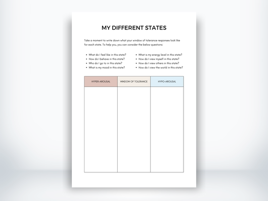My Different States - Window of Tolerance Worksheet PDF