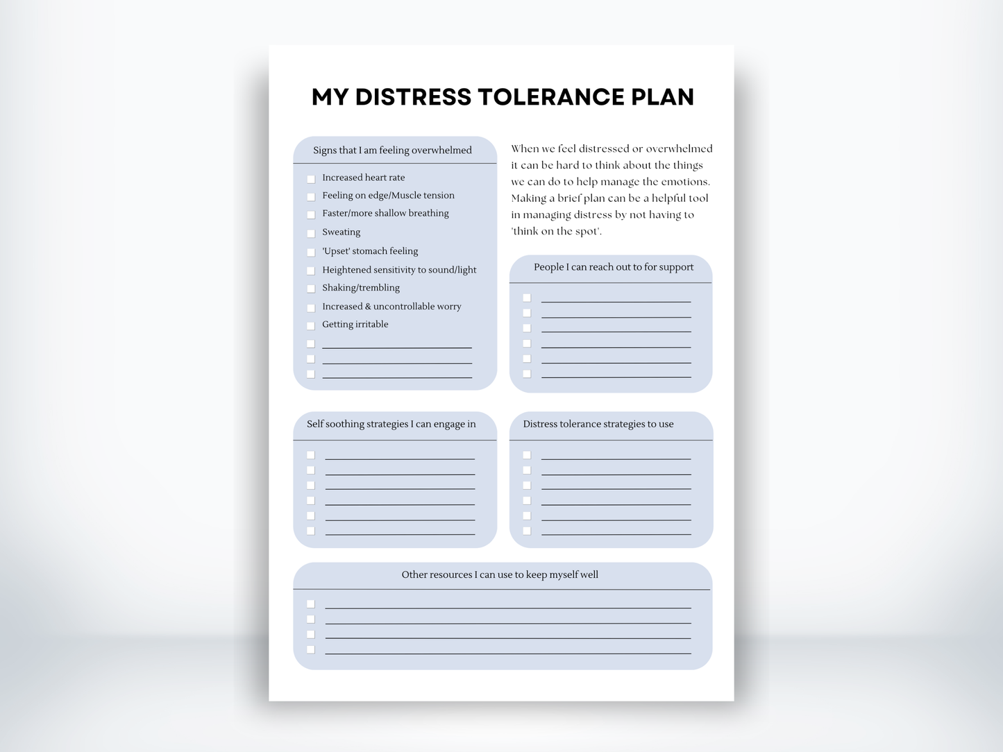 My Distress Tolerance Plan Worksheet PDF