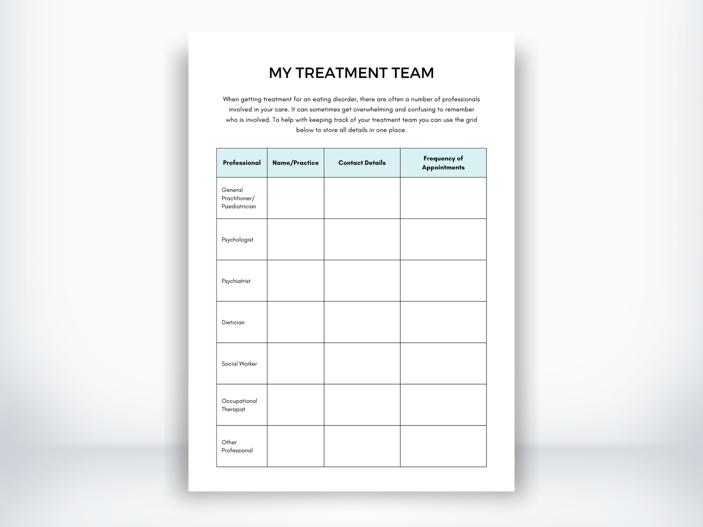 My Eating Disorder Treatment Team Template PDF