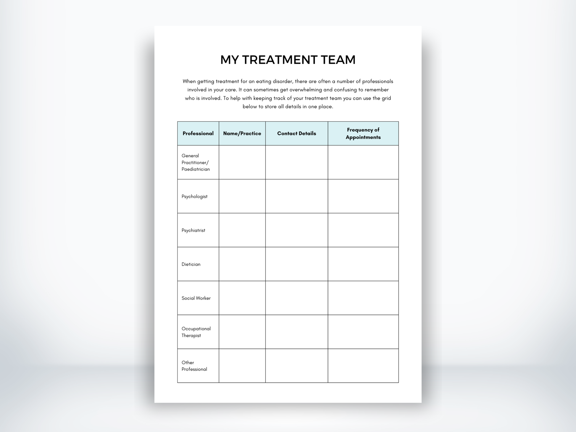My Eating Disorder Treatment Team Template PDF