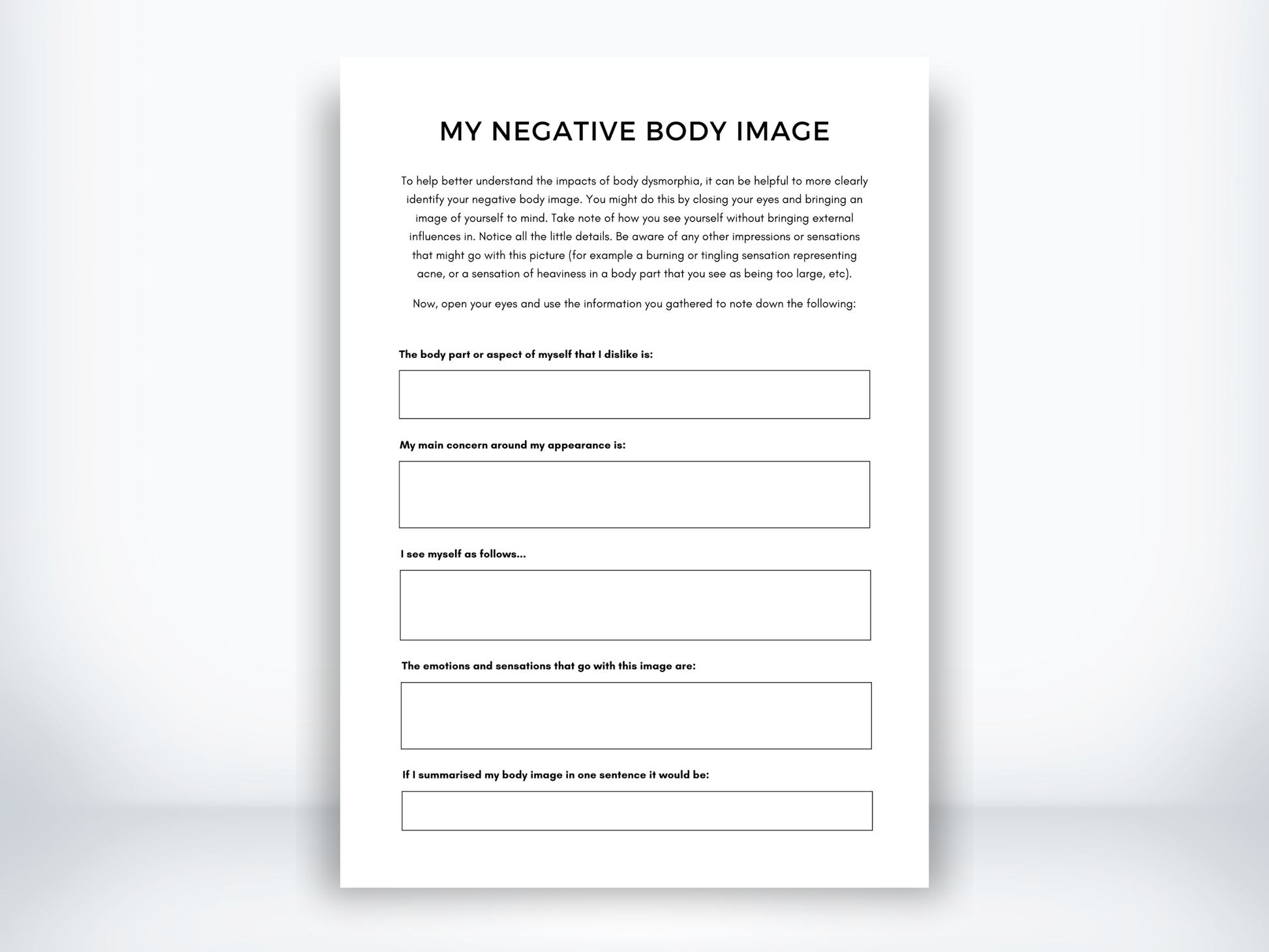 My Negative Body Image Worksheet PDF