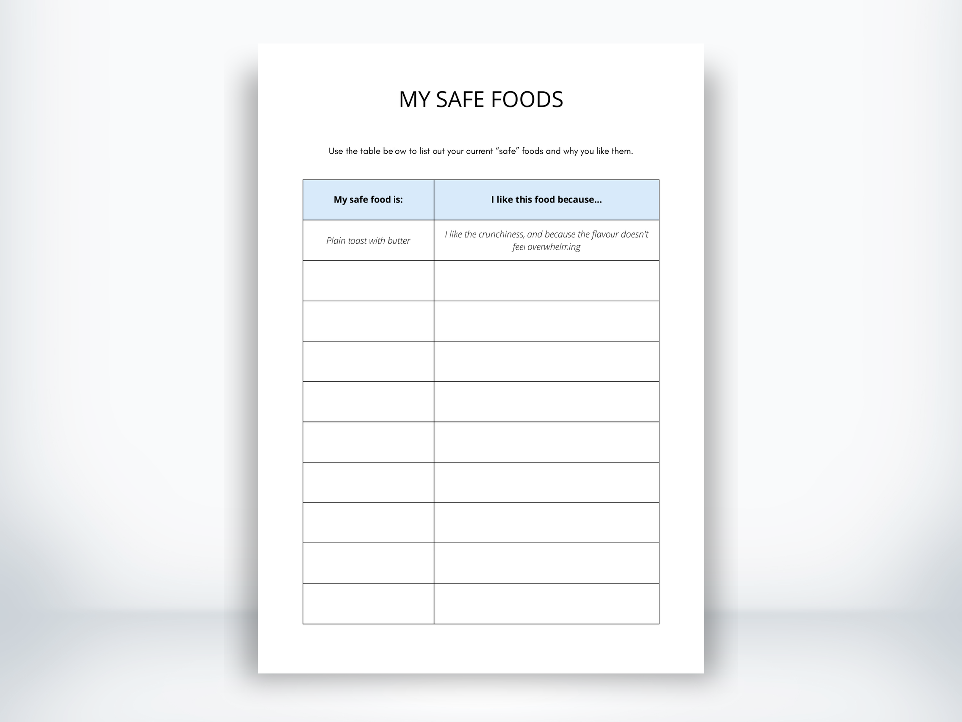My Safe Foods Worksheet PDF - ARFID