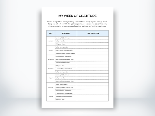 My Week Of Gratitude Worksheet PDF