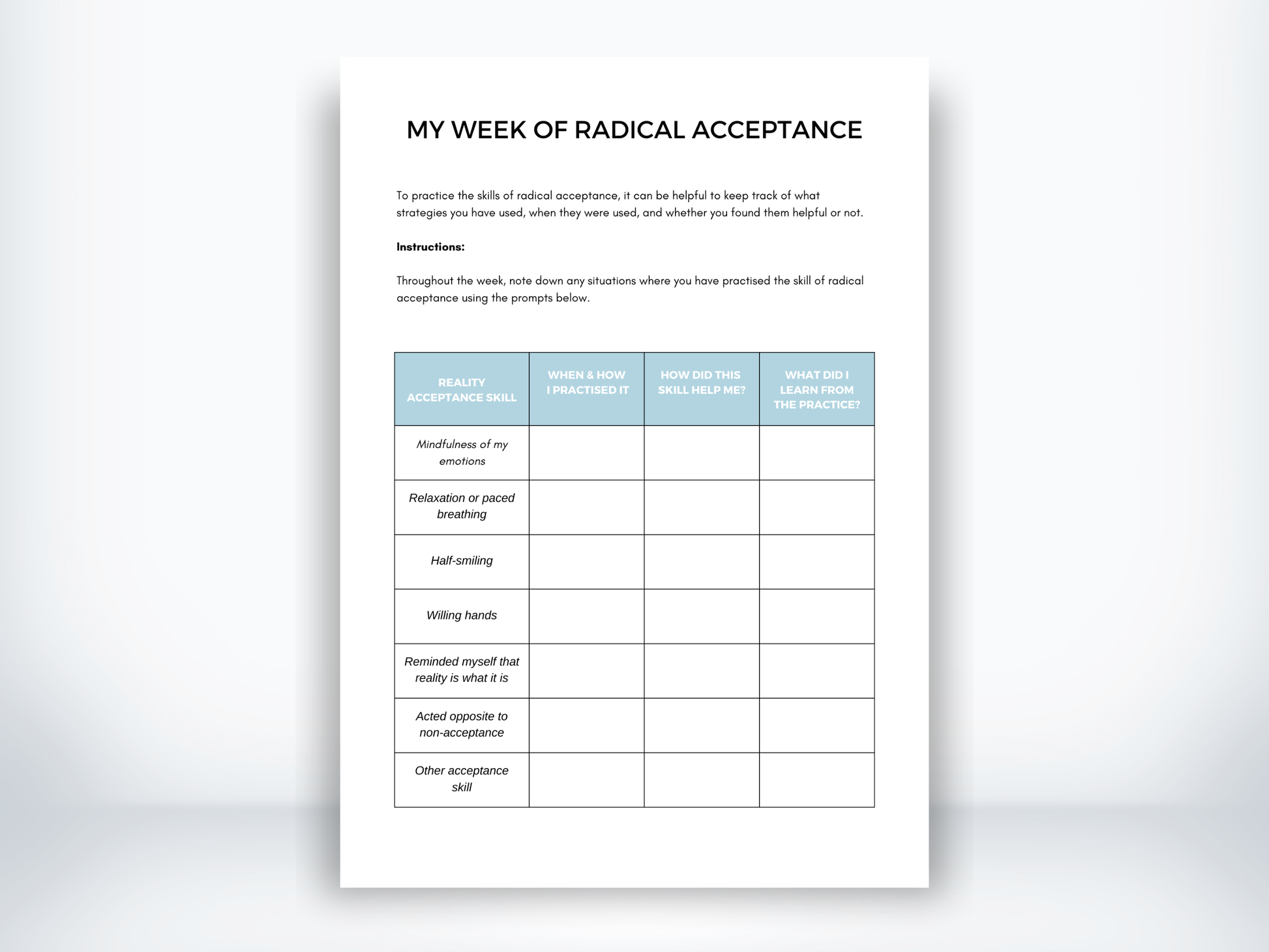 My Week Of Radical Acceptance DBT Worksheet PDF