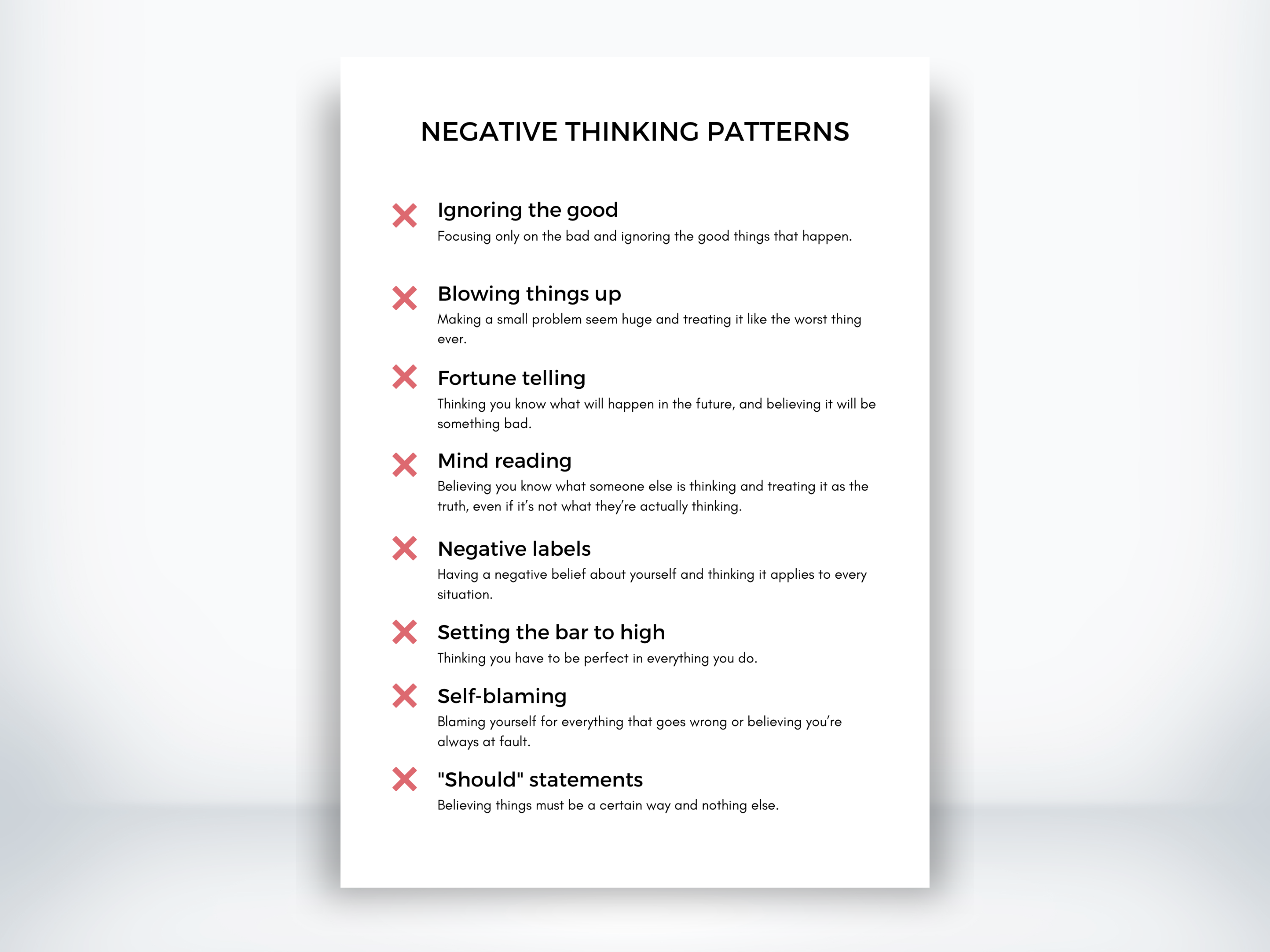 Negative Thinking Patterns Examples Worksheet (PDF) | My Thriving Mind