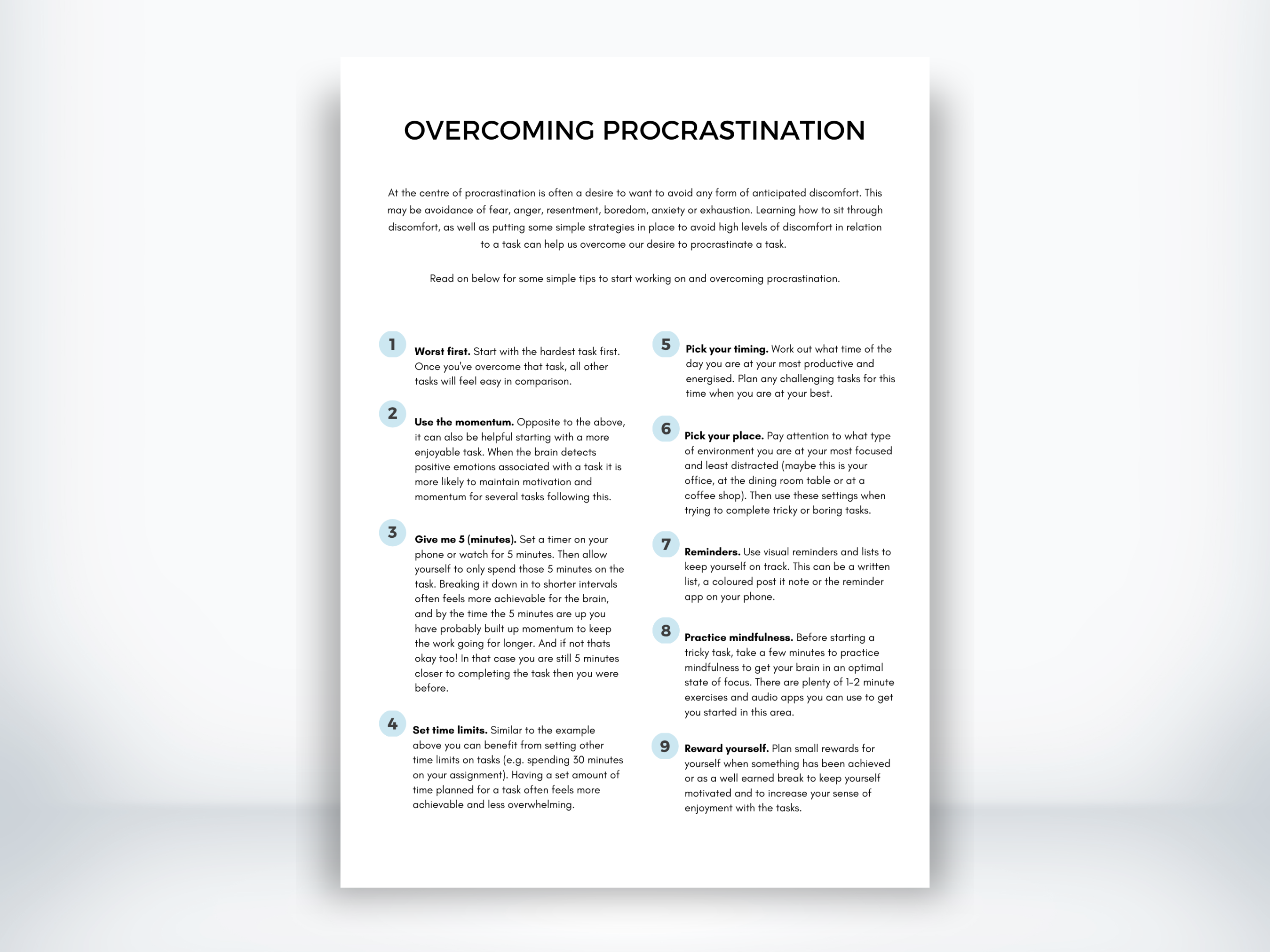 Overcoming Procrastination Worksheet (PDF) | My Thriving Mind