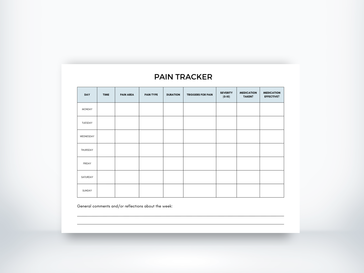 Pain Tracker (Weekly) Template PDF