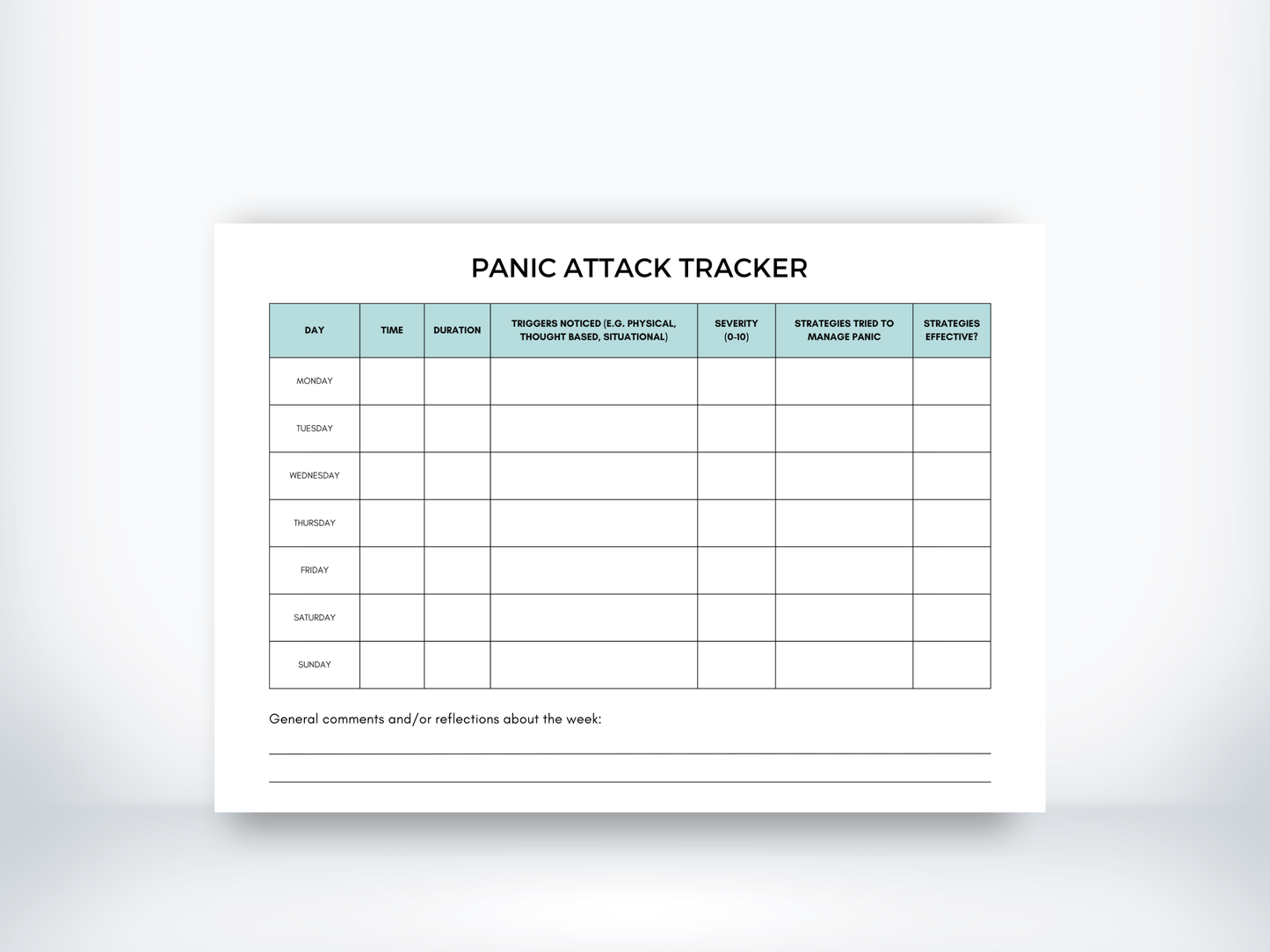 Panic Attack Tracker (Weekly) Template PDF