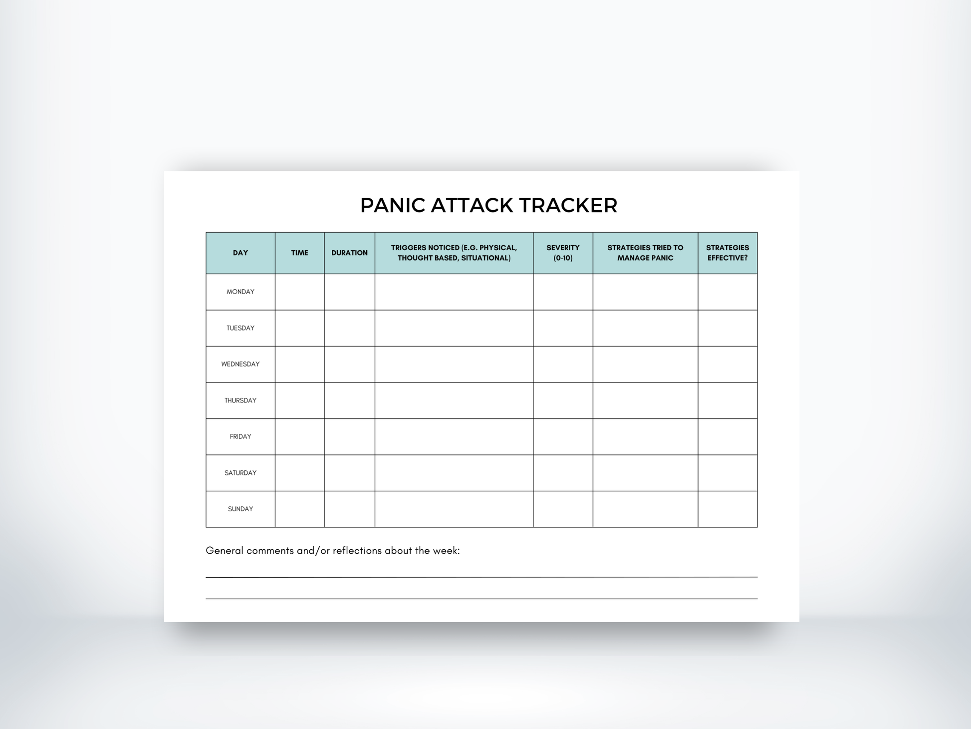 Panic Attack Tracker (Weekly) Template PDF