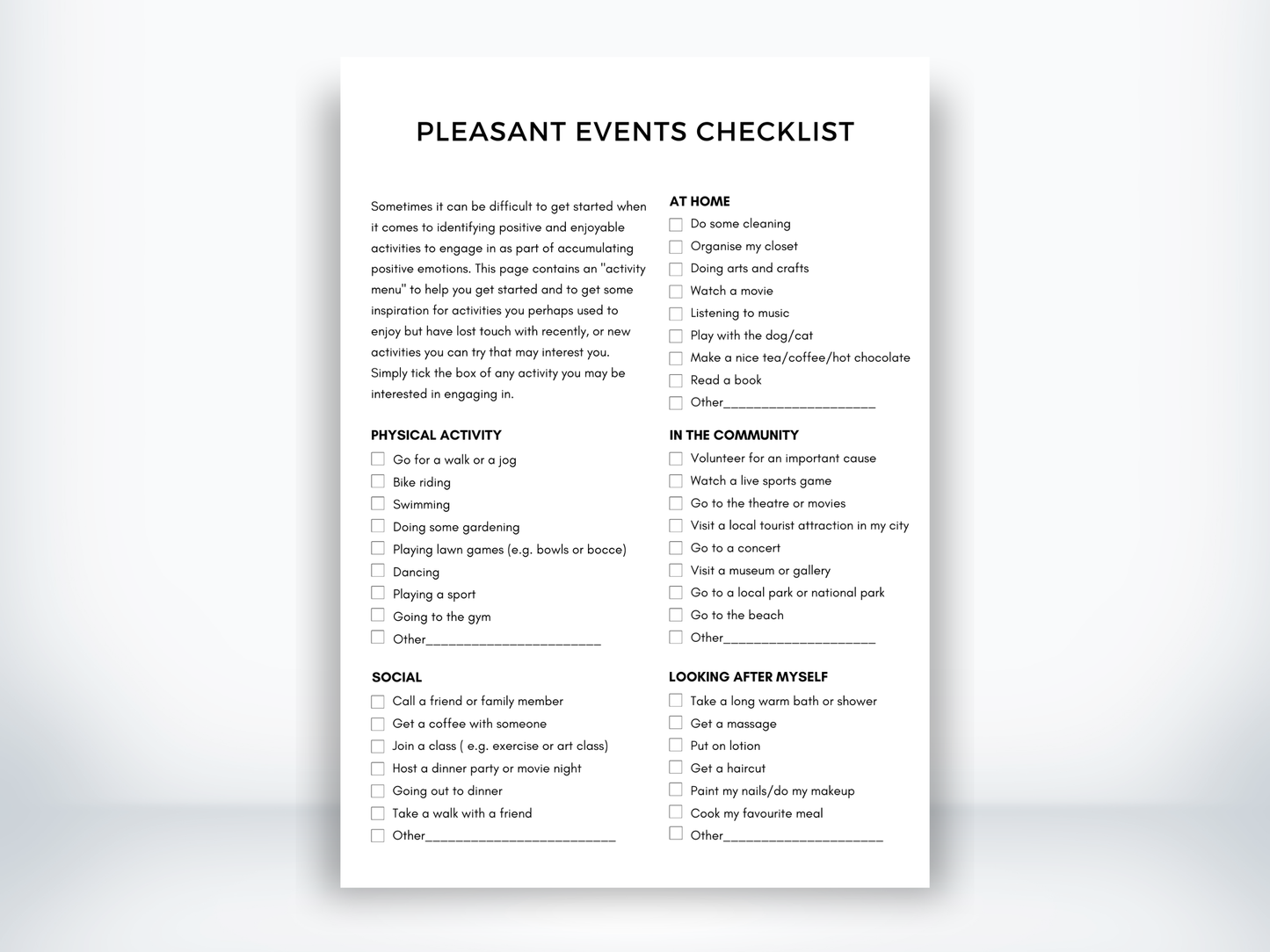 Pleasant Events Checklist PDF