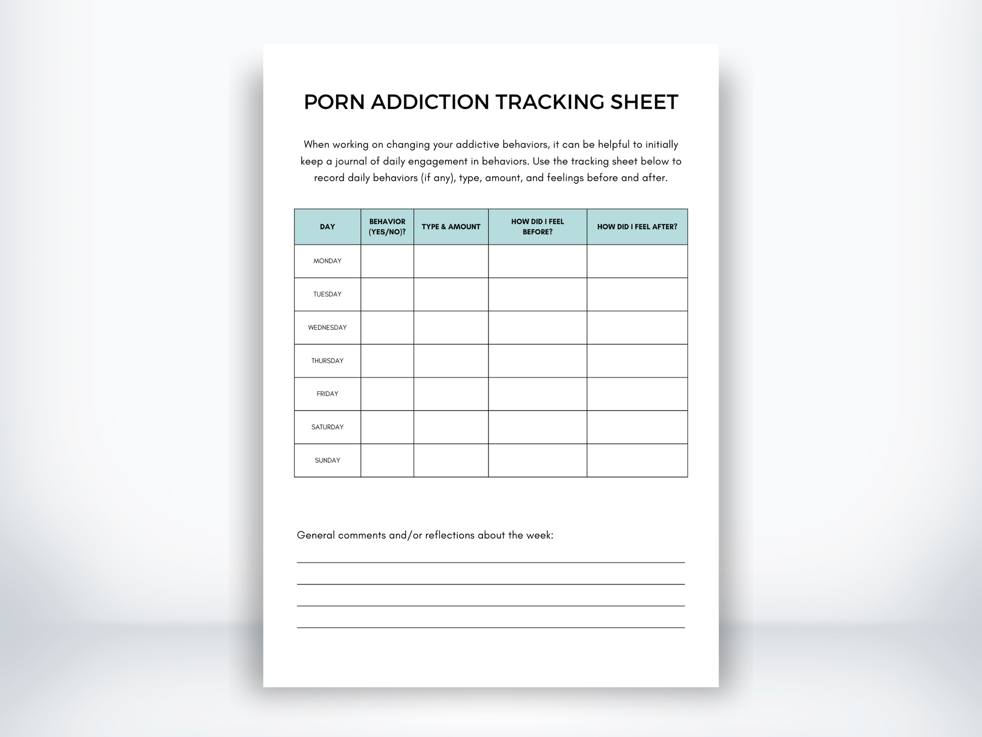 Porn Addiction Tracking Sheet PDF