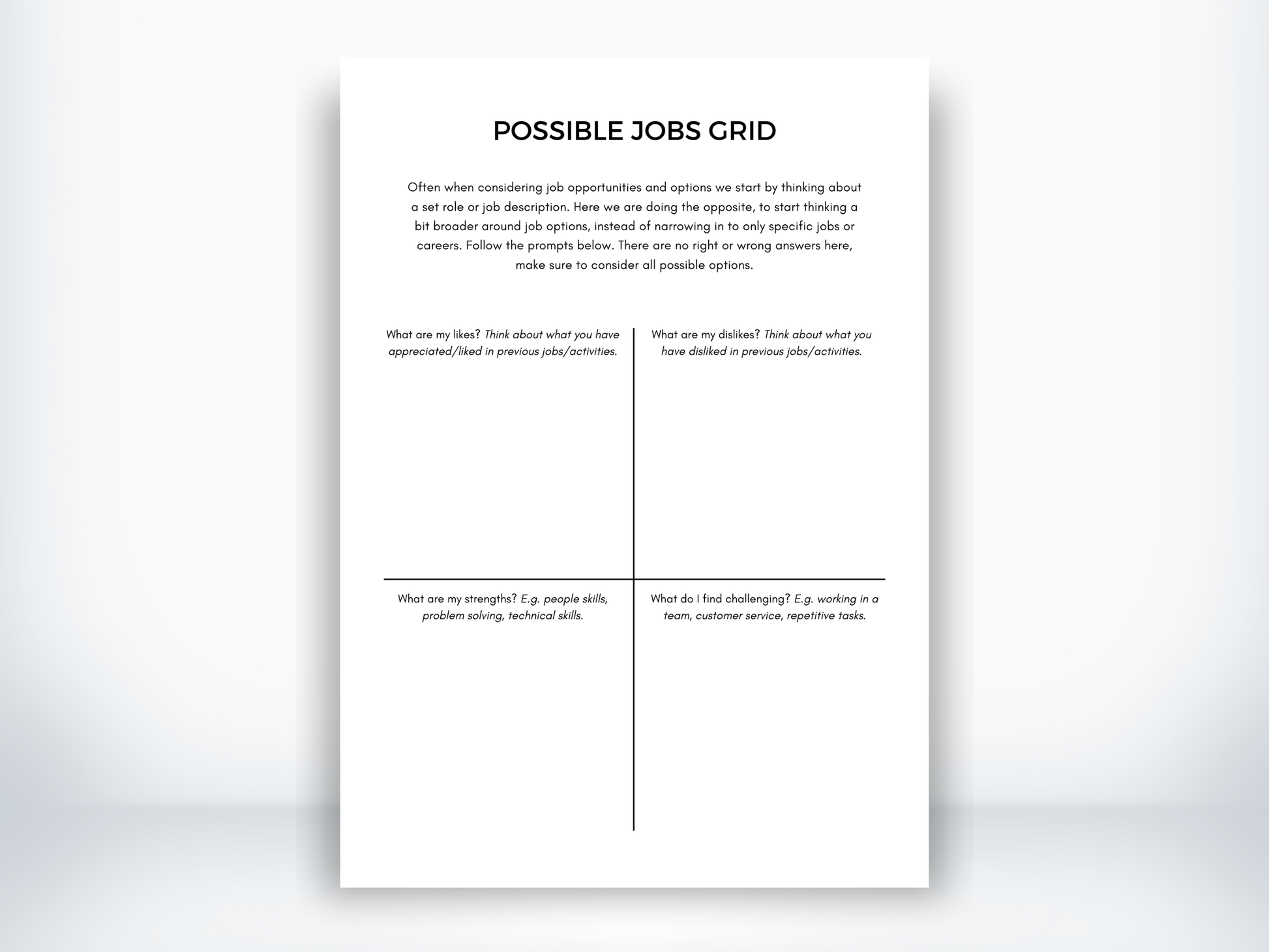 Possible Jobs Grid Worksheet PDF