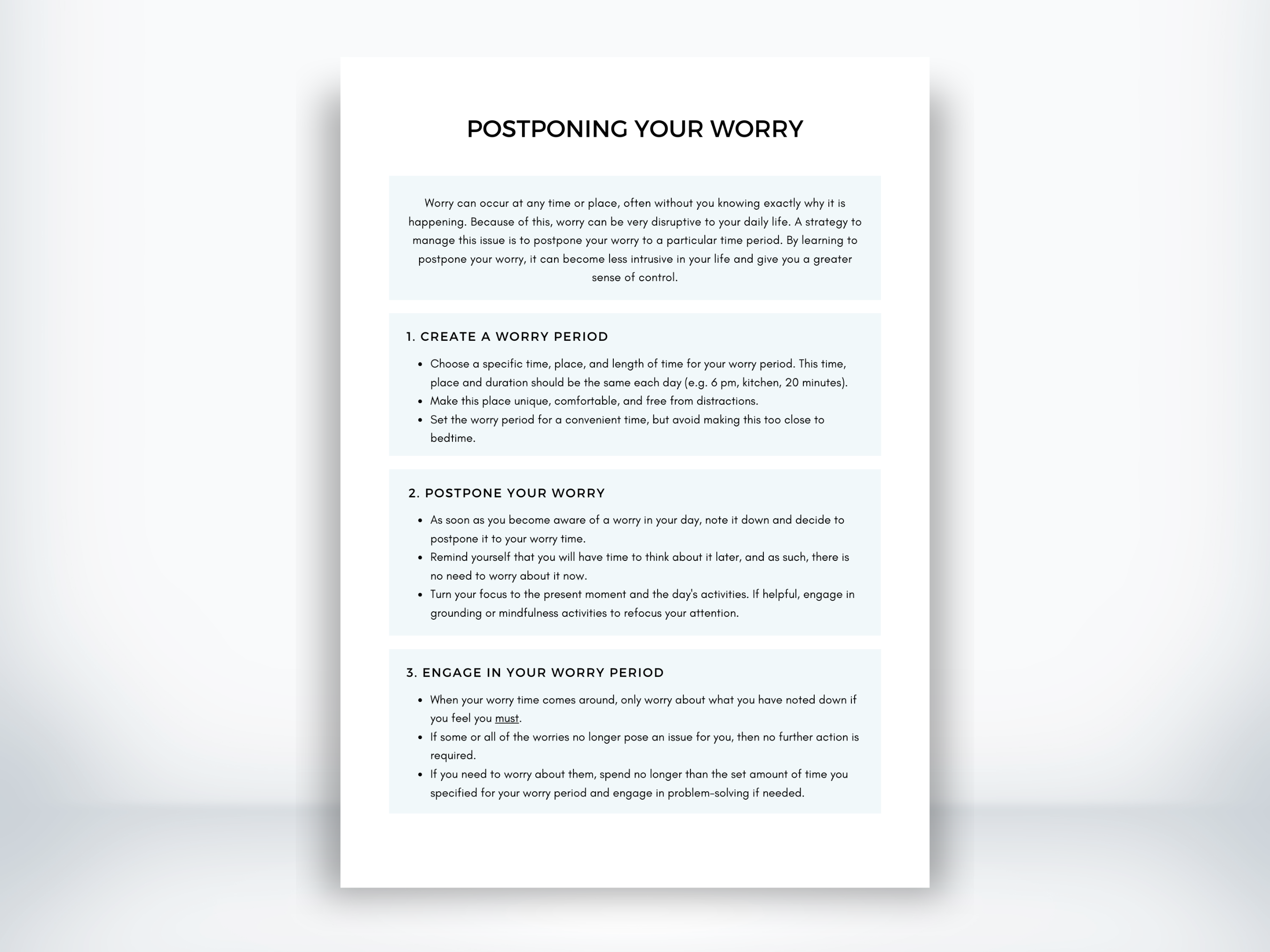 Postponing Your Worry Worksheet for Anxiety (PDF) | My Thriving Mind