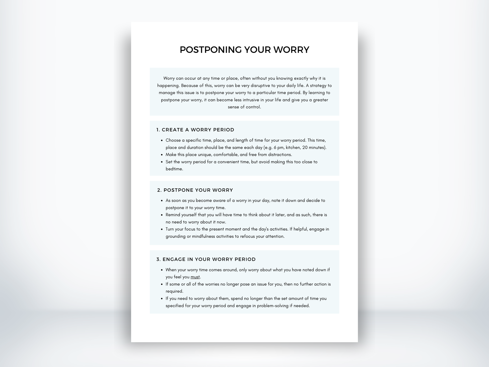 Postponing Your Worry Worksheet PDF