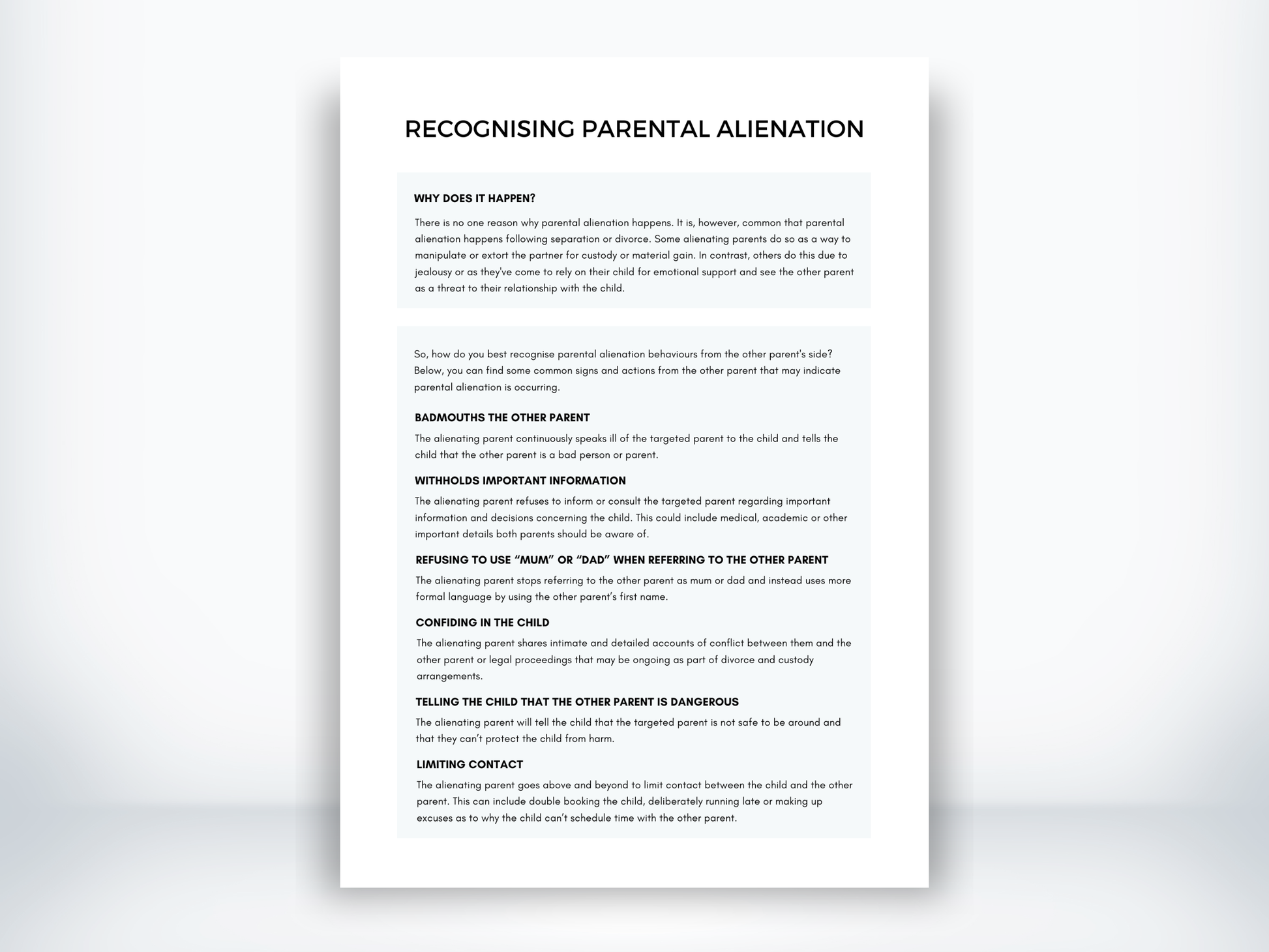 Recognising Parental Alienation Worksheet PDF