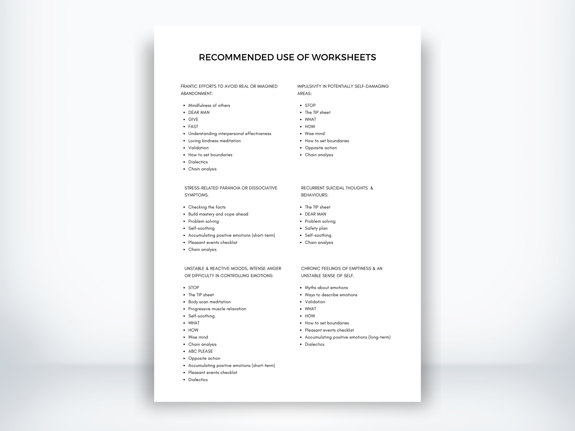 Recommended Use of Worksheets for DBT PDF
