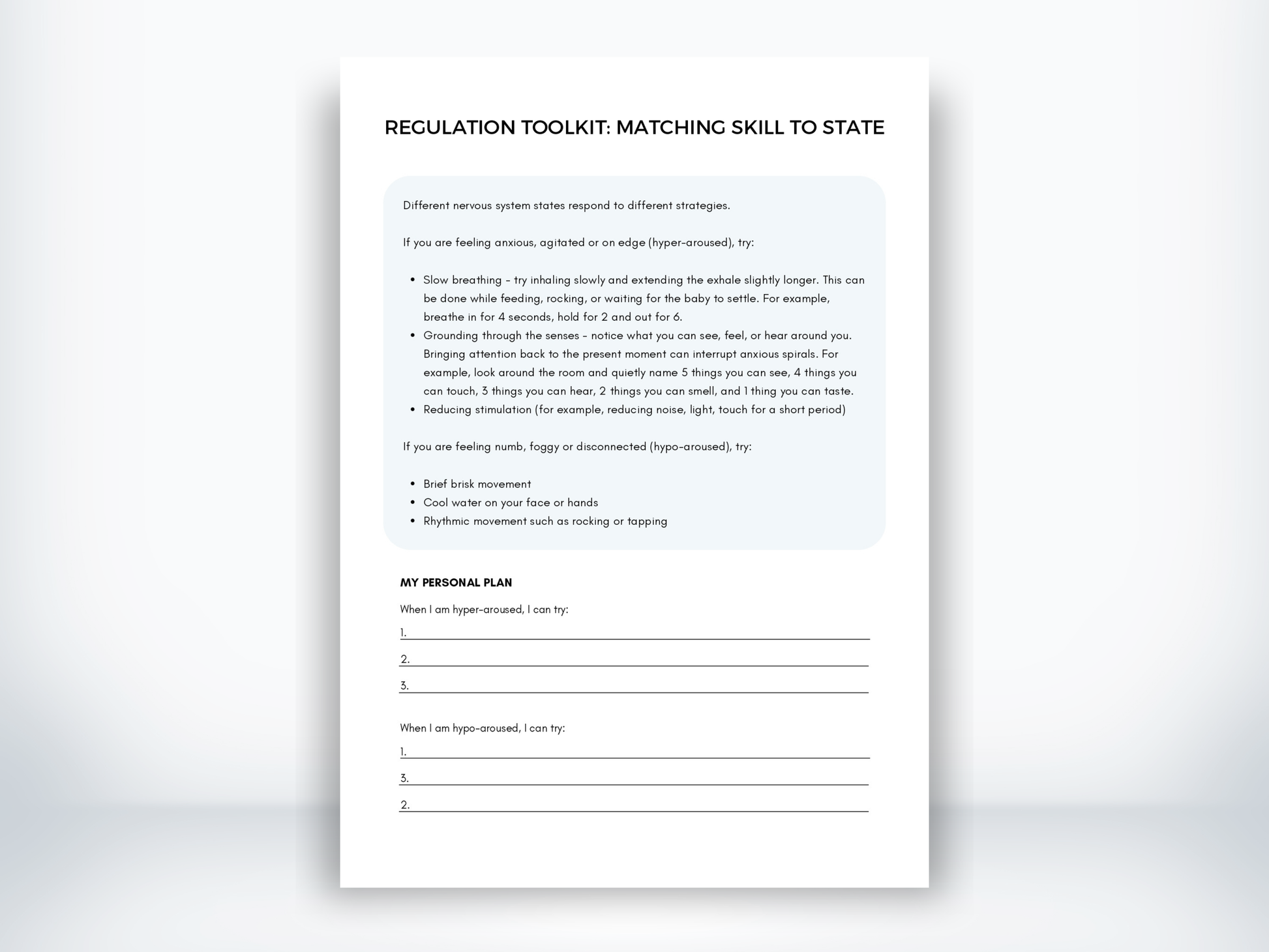 Regulation Toolkit - Matching Skill To State Worksheet PDF