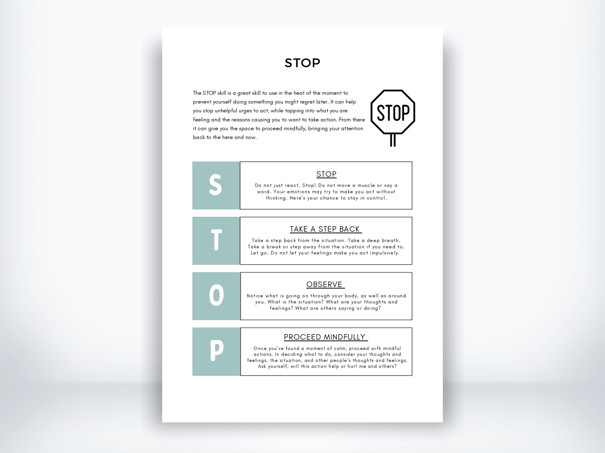 STOP DBT Skills Worksheet for Anxiety (PDF) | My Thriving Mind