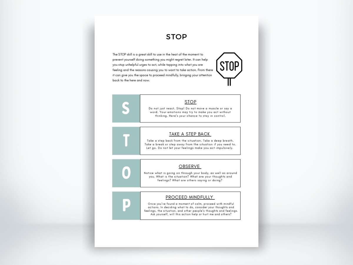 STOP DBT Skills Worksheet for Anxiety (PDF) | My Thriving Mind