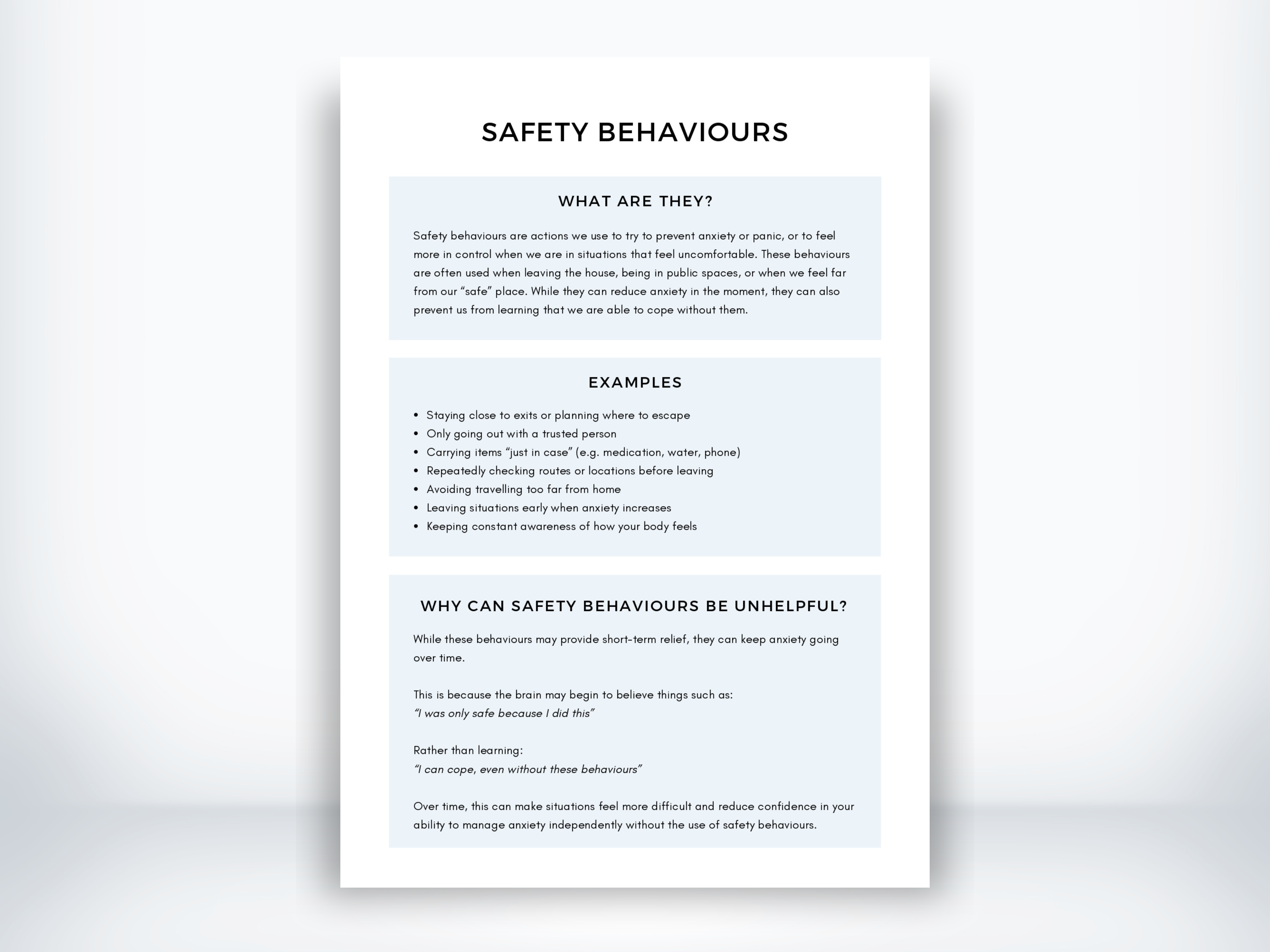 Safety Behaviours Worksheet (PDF) | My Thriving Mind