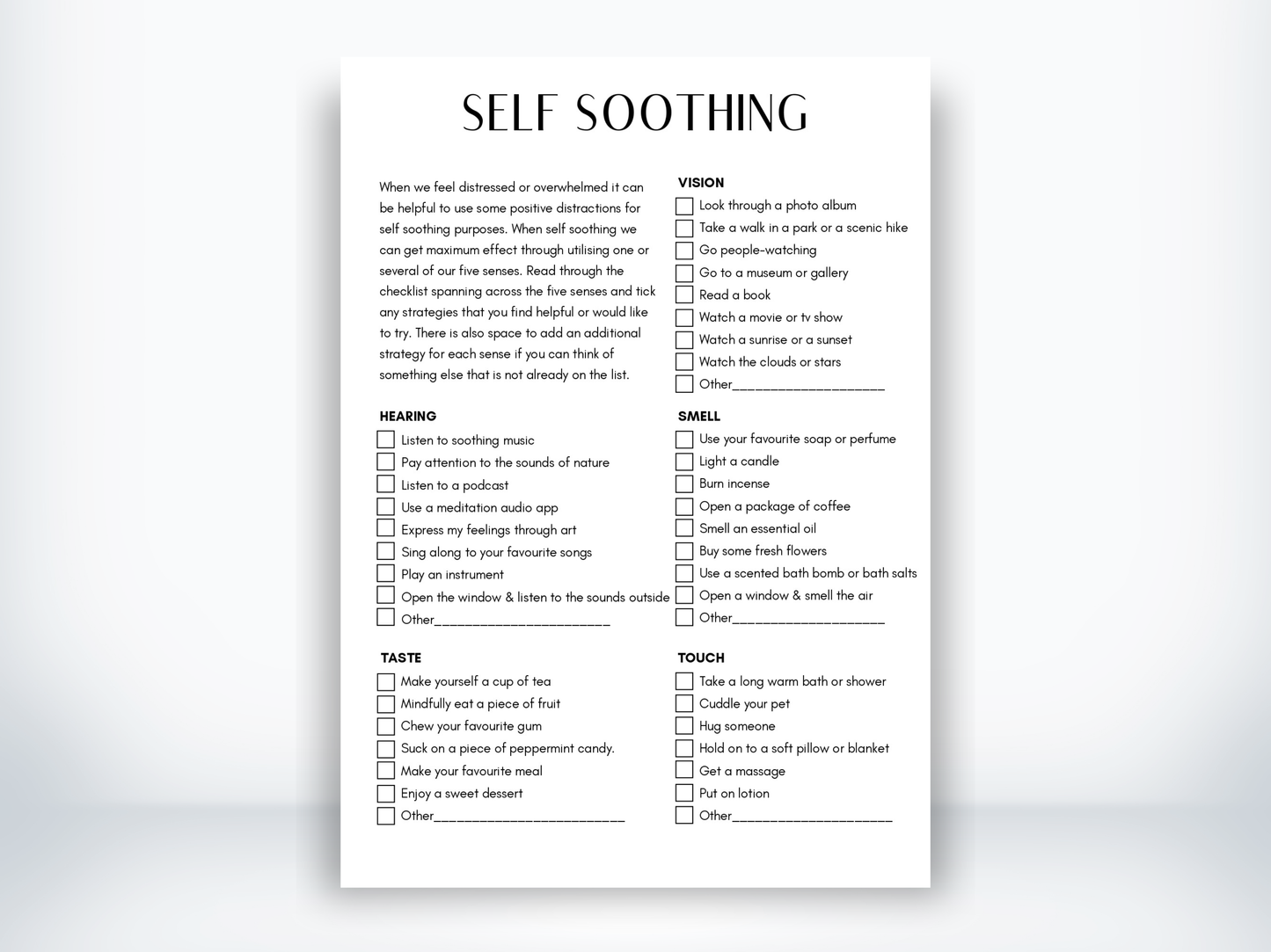 Self Soothing Activities PDF