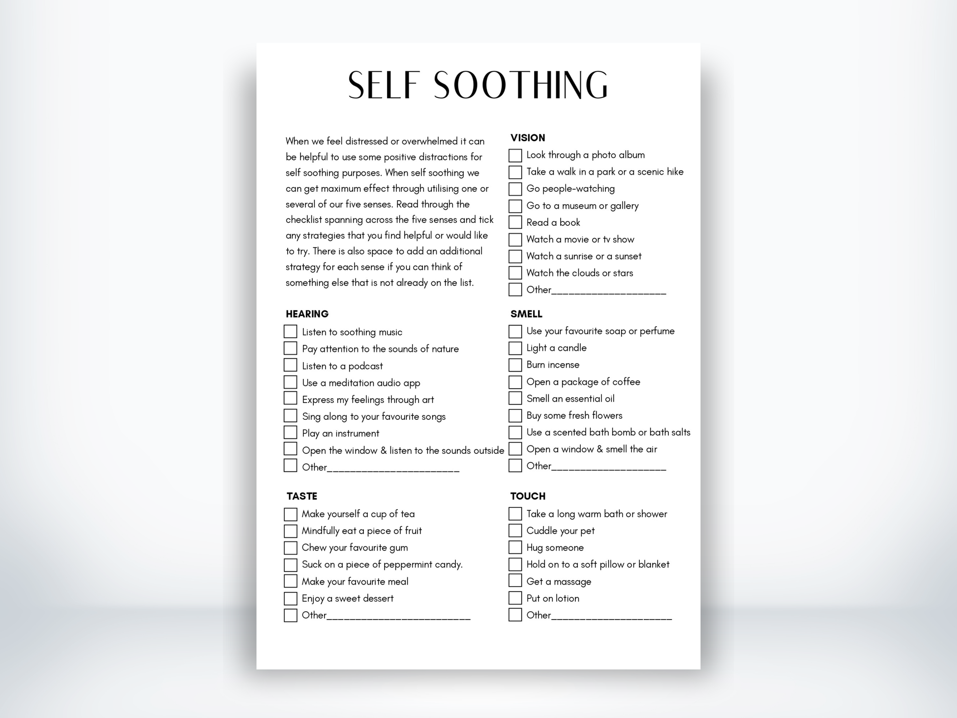 Self Soothing Activities PDF