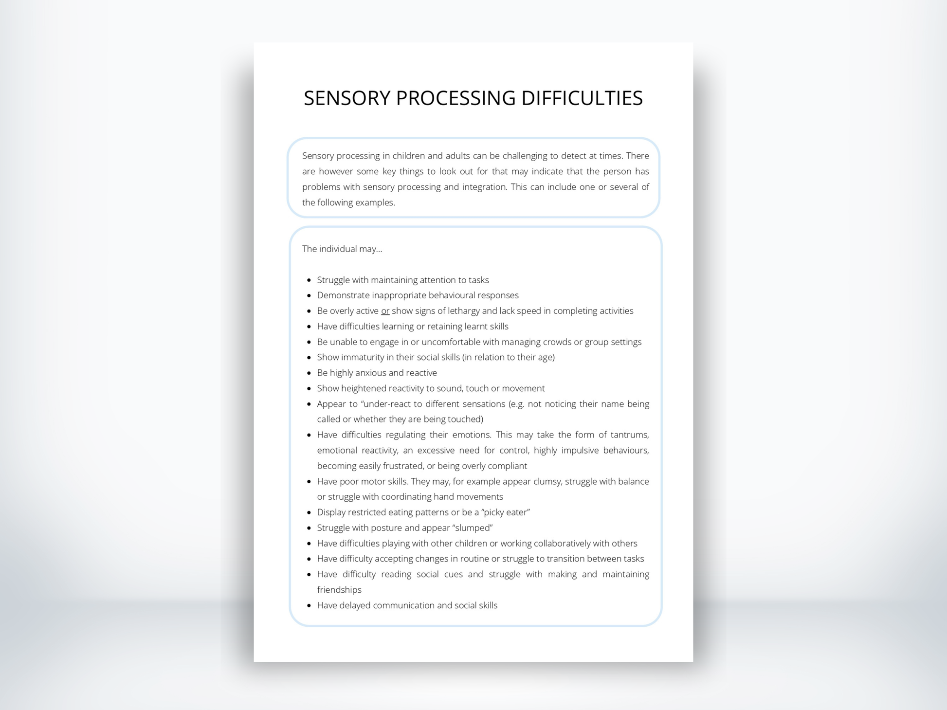 Sensory Processing Difficulties Worksheet PDF