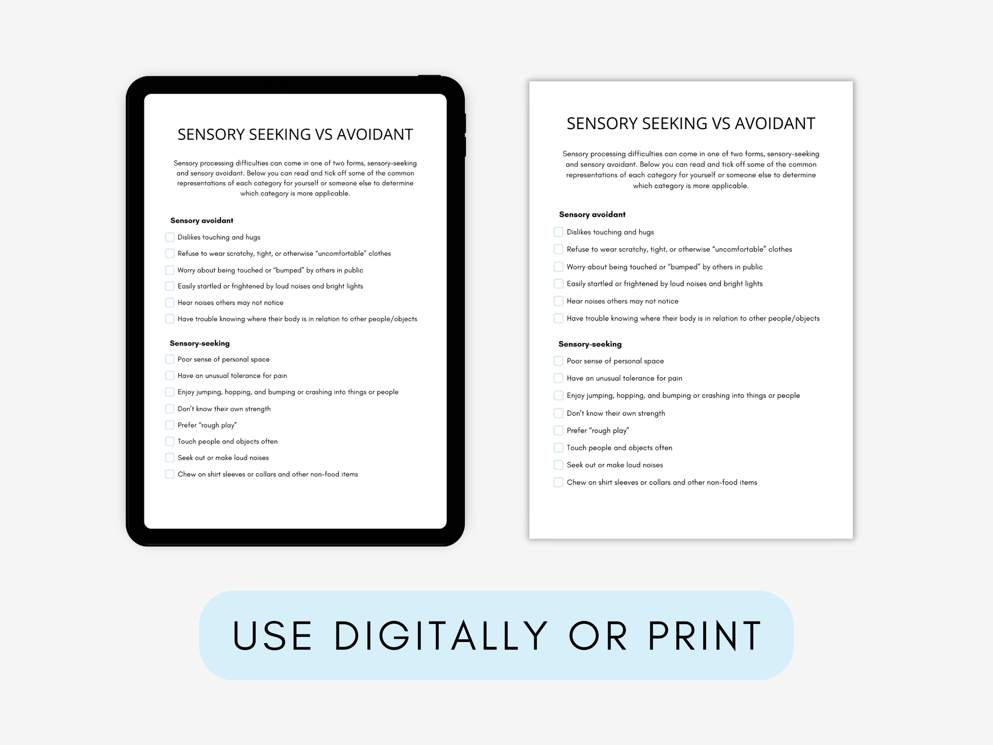 Sensory Seeking Behaviour Worksheets