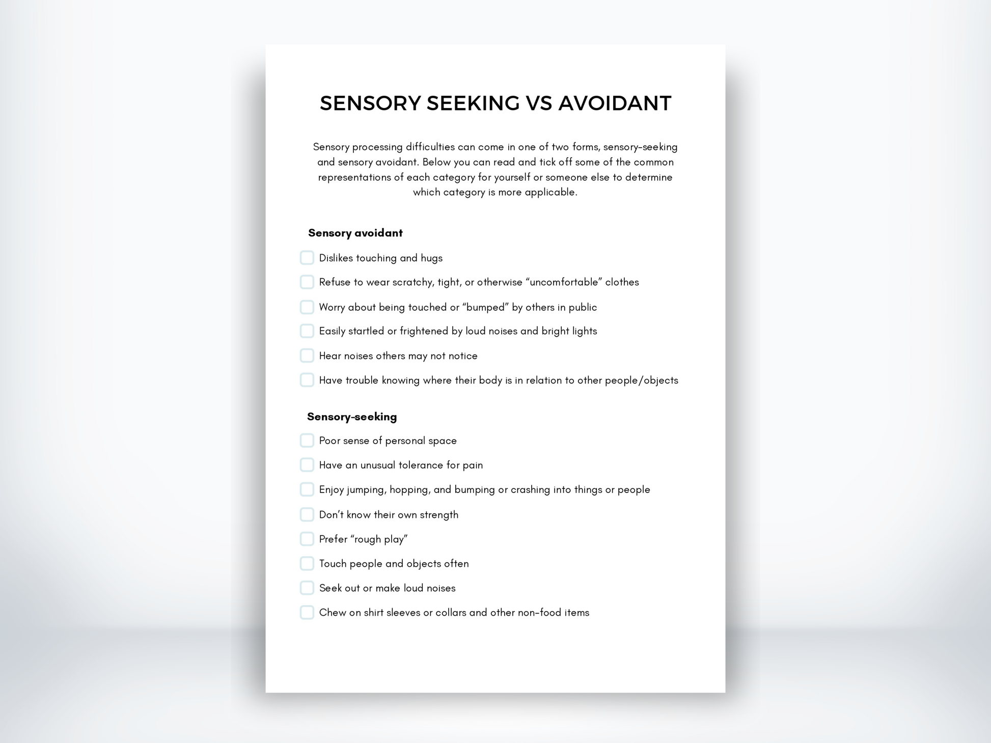 Sensory Seeking vs Avoidant Handout PDF