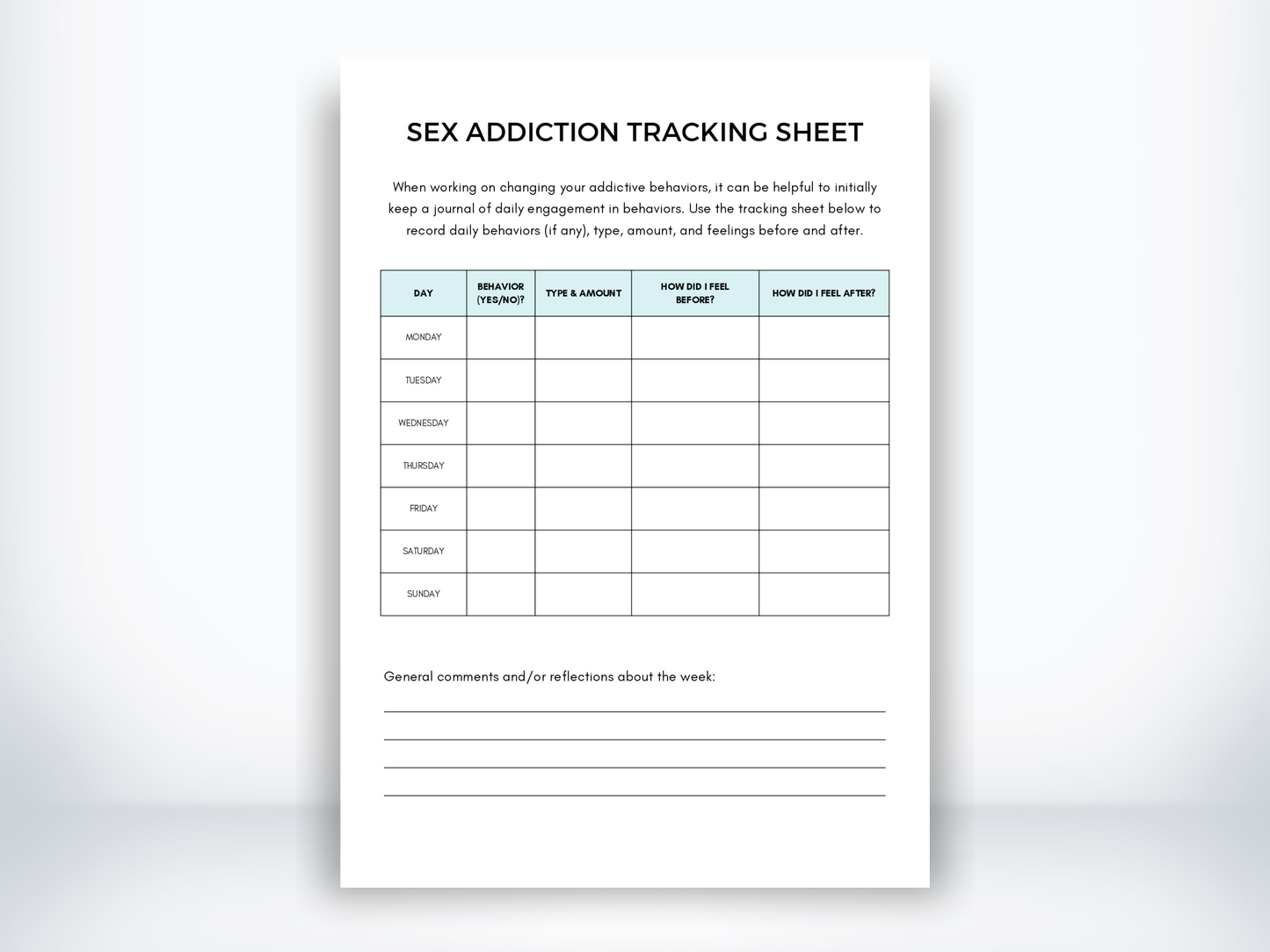 Sex Addiction Tracking Sheet PDF