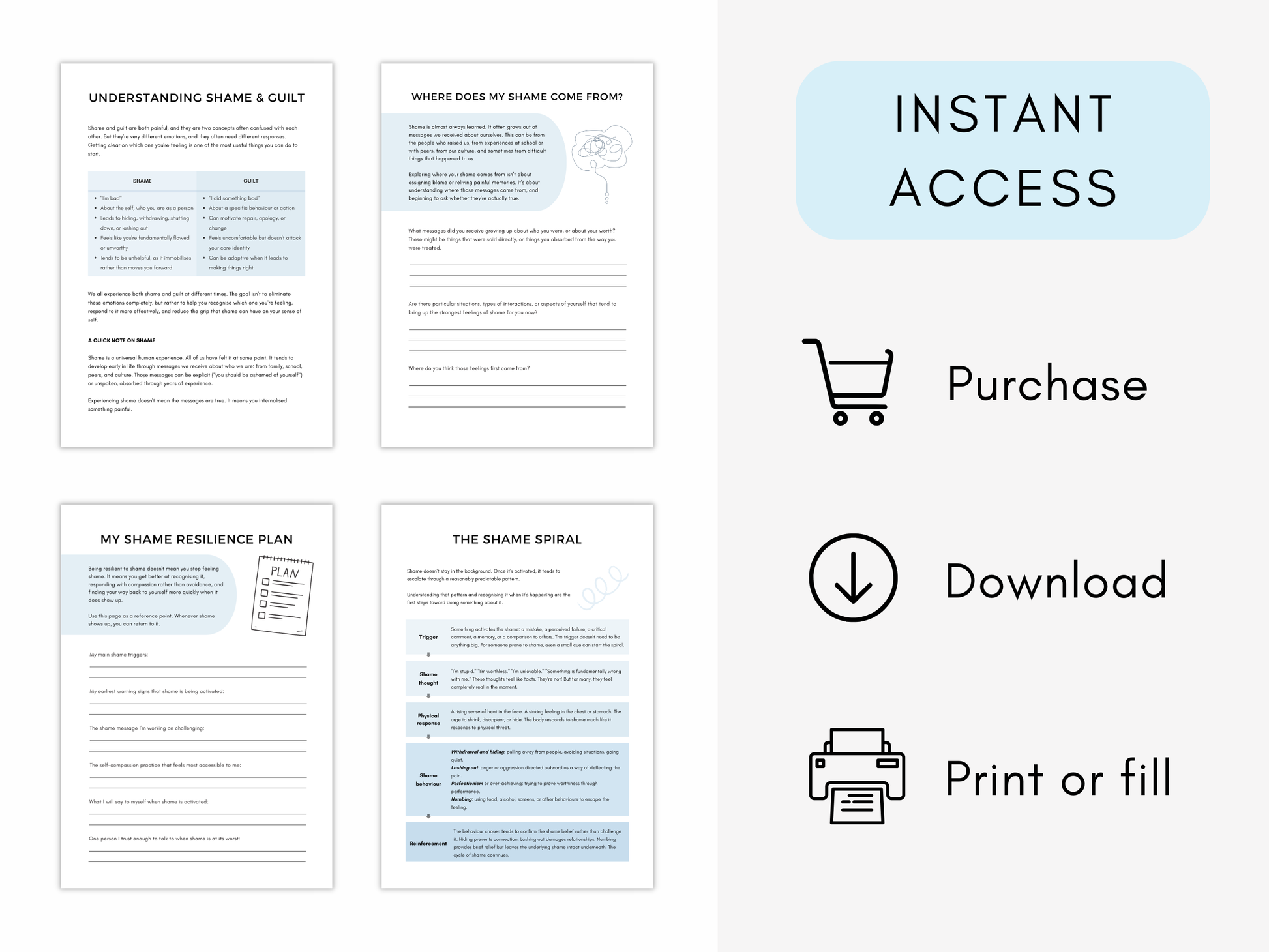 Shame Vs Guilt Worksheets Bundle