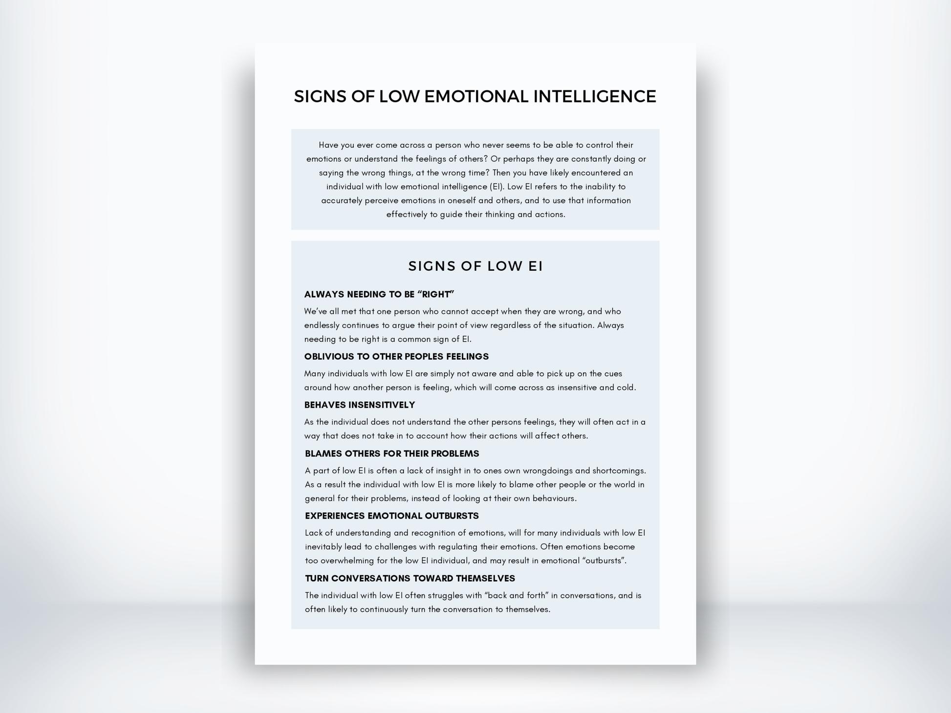 Signs Of Low Emotional Intelligence Worksheet PDF