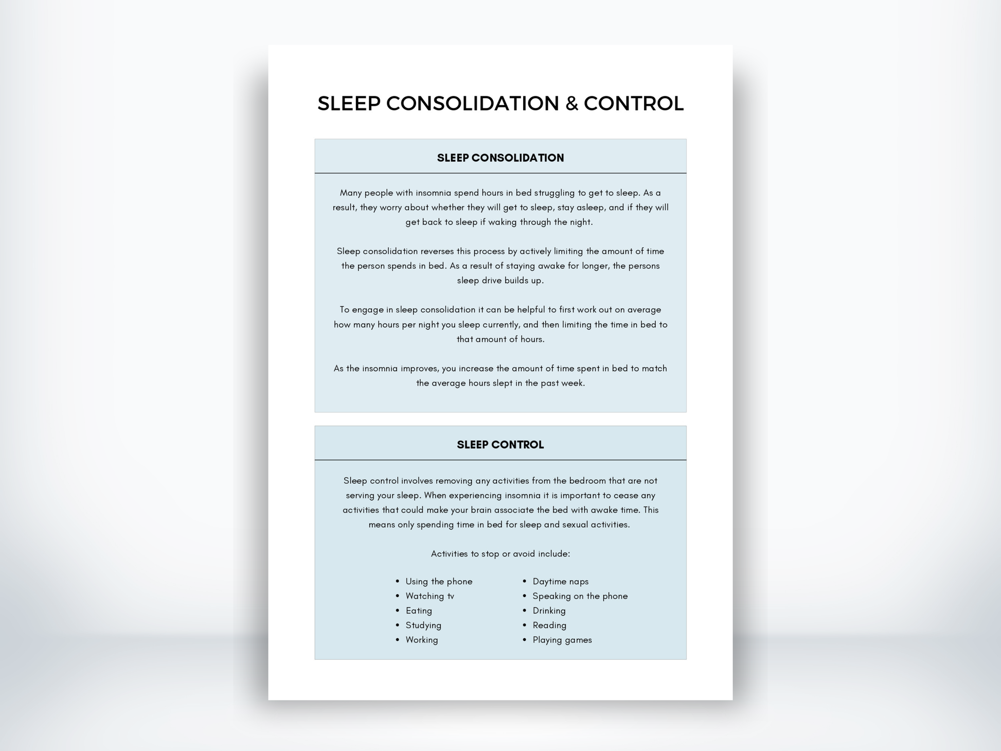 Sleep Consolidation and Control Worksheet PDF