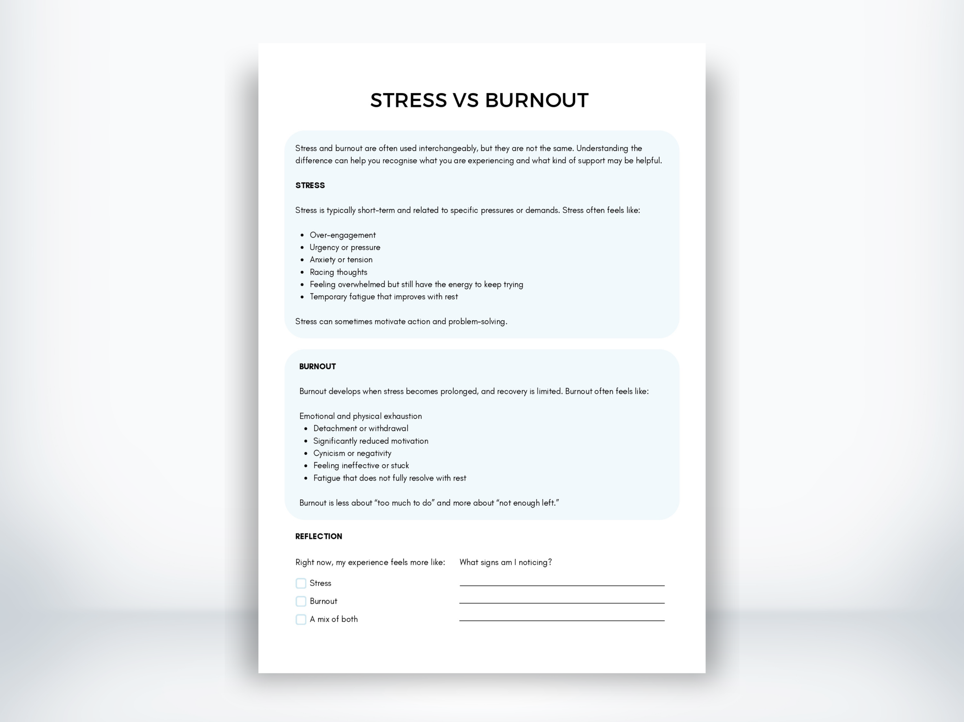 Stress vs Burnout Handout PDF